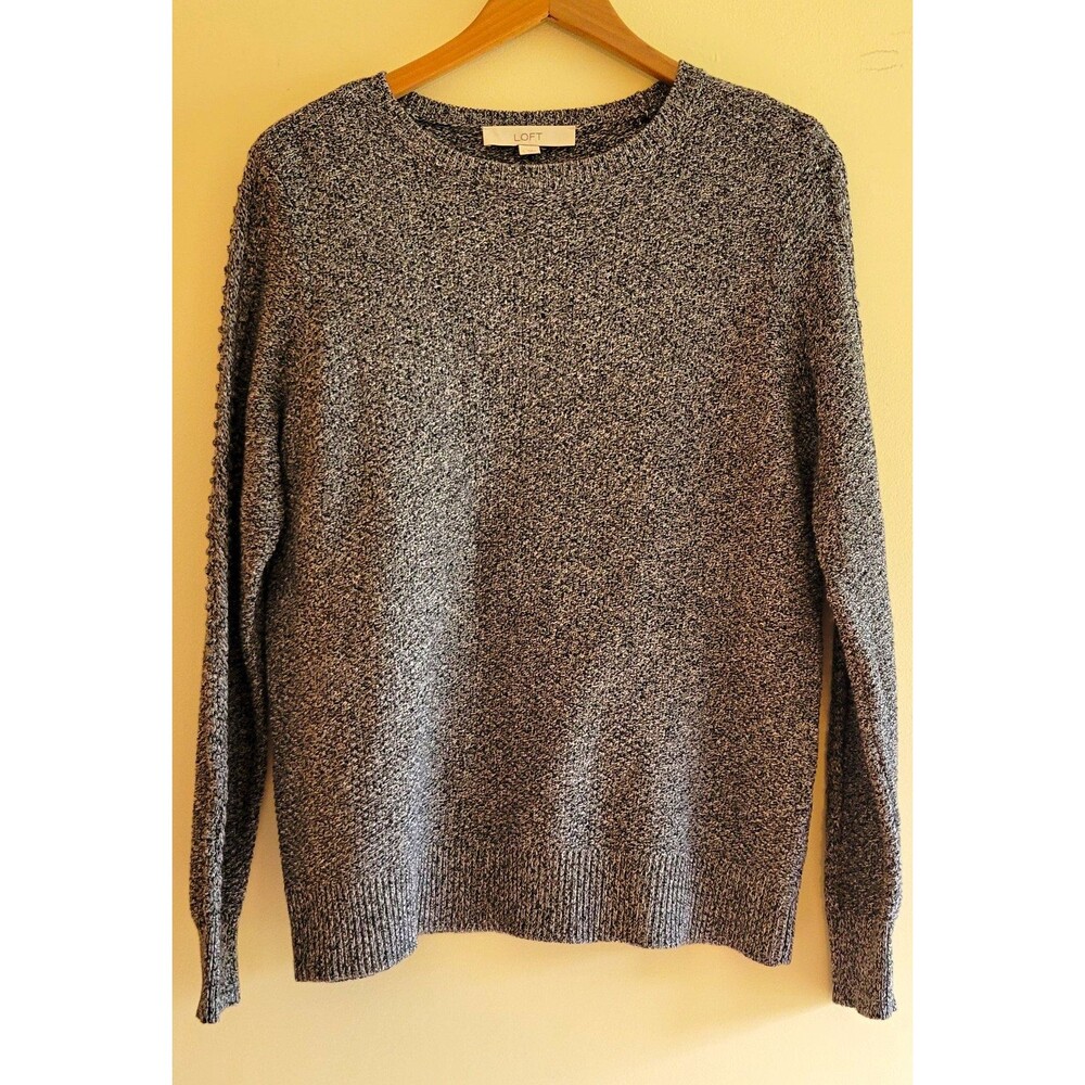 LOFT Women's L Knit Pullover Sweater Crewneck Marled Gray/White 100% Cotton